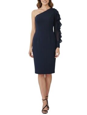 Carmen Marc Valvo Sheath Dress Size 10 Blue One Shoulder Ruffle Mesh Cocktail